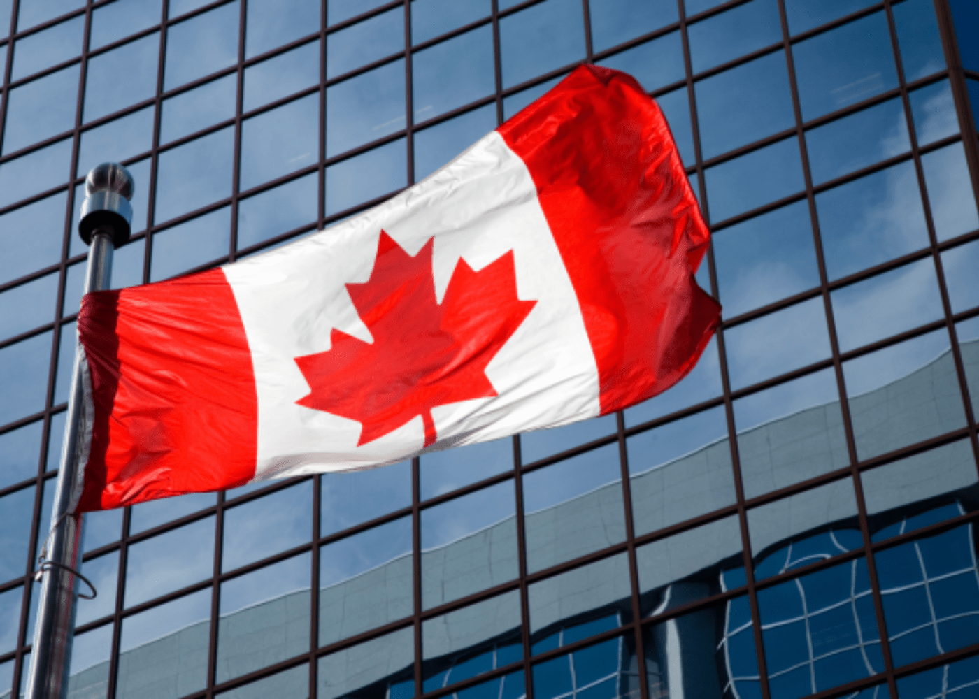 Canadian flag on a flag pole with the backdrop of a reflective business building