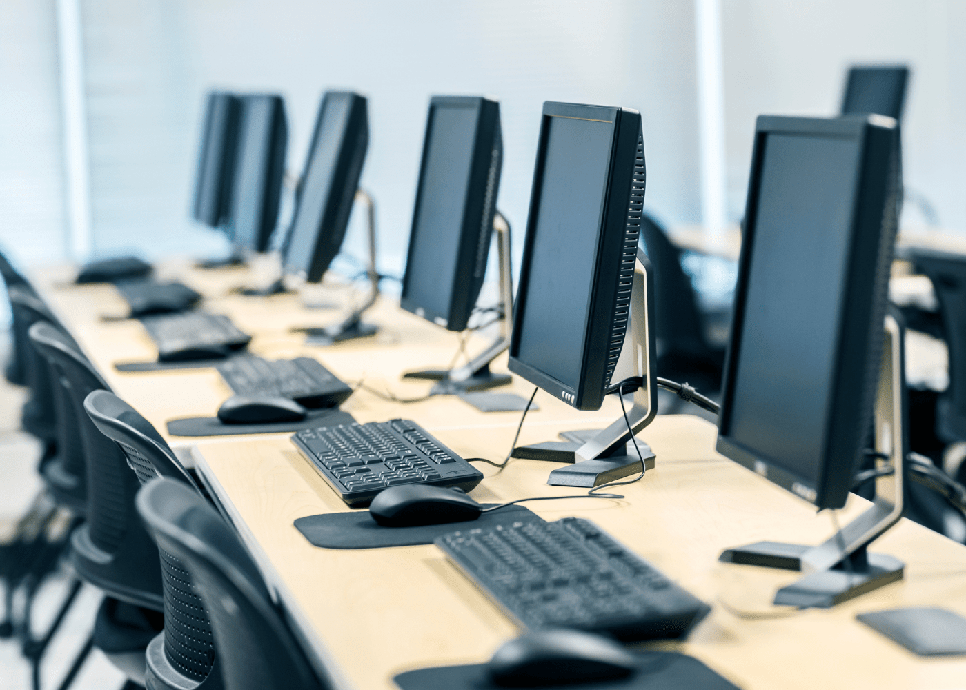 Row of desktops on a table