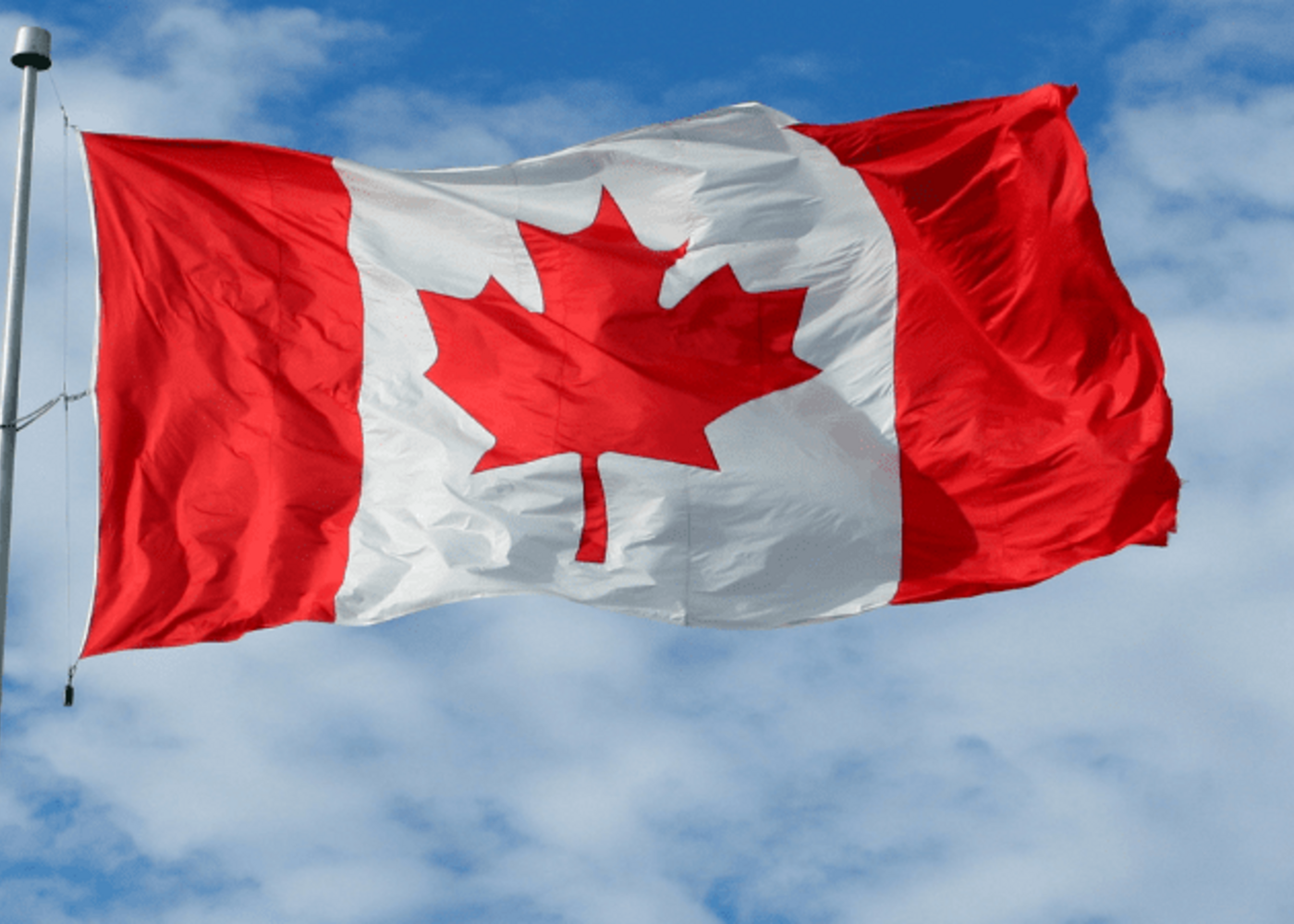 Canadian flag on a flag pole with the sky in the background
